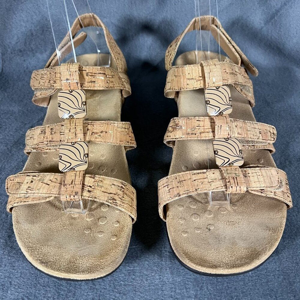Vionic Amber Sandal Adjustable Open Toe Flat Tan Gold Cork Women 9 44AMBER